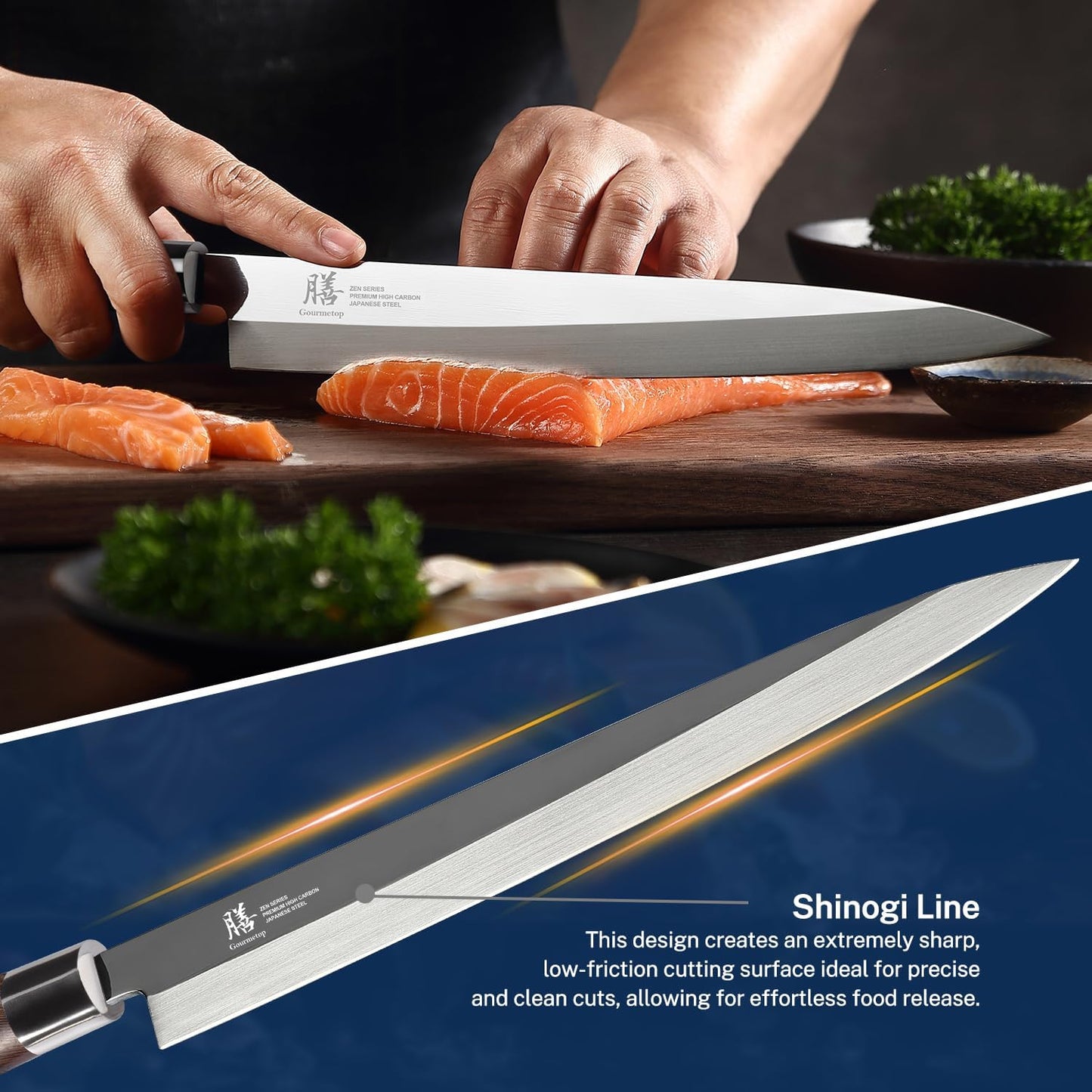 Gourmetop Japanese Sashimi Sushi Knife 10 Inch – VG10 Steel Yanagiba Knife with Urasuki & Brushed Bevel, Wenge Wood D-Shape Handle – Professional for Japanese Salmon & Sushi Cutting