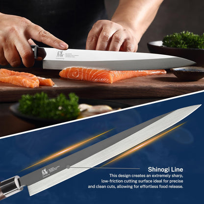 Gourmetop Japanese Sashimi Sushi Knife 10 Inch – VG10 Steel Yanagiba Knife with Urasuki & Brushed Bevel, Wenge Wood D-Shape Handle – Professional for Japanese Salmon & Sushi Cutting