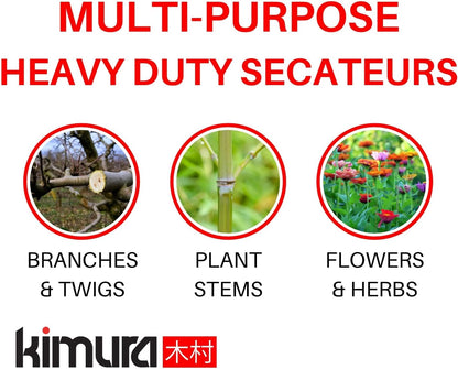 Kimura® 8" Pro Pruning Scissors, Premium Japanese SK5 Hi-Carbon Steel Blades, Non-Slip Vinyl Coated Handles, Lightweight & Ergonomic, Multi-Tasking Pruning Shears, Garden Snips, Precision Clippers