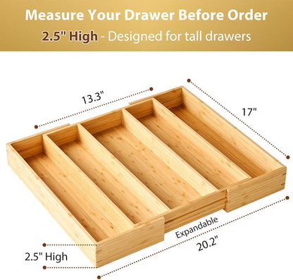 Umilife Large Expandable Kitchen Silverware Utensils Drawer Organizer, 2.5" Extra High Adjustable Drawer Divider with Curved Grooves, Bamboo Wood Cutlery Tray Flatware Holder