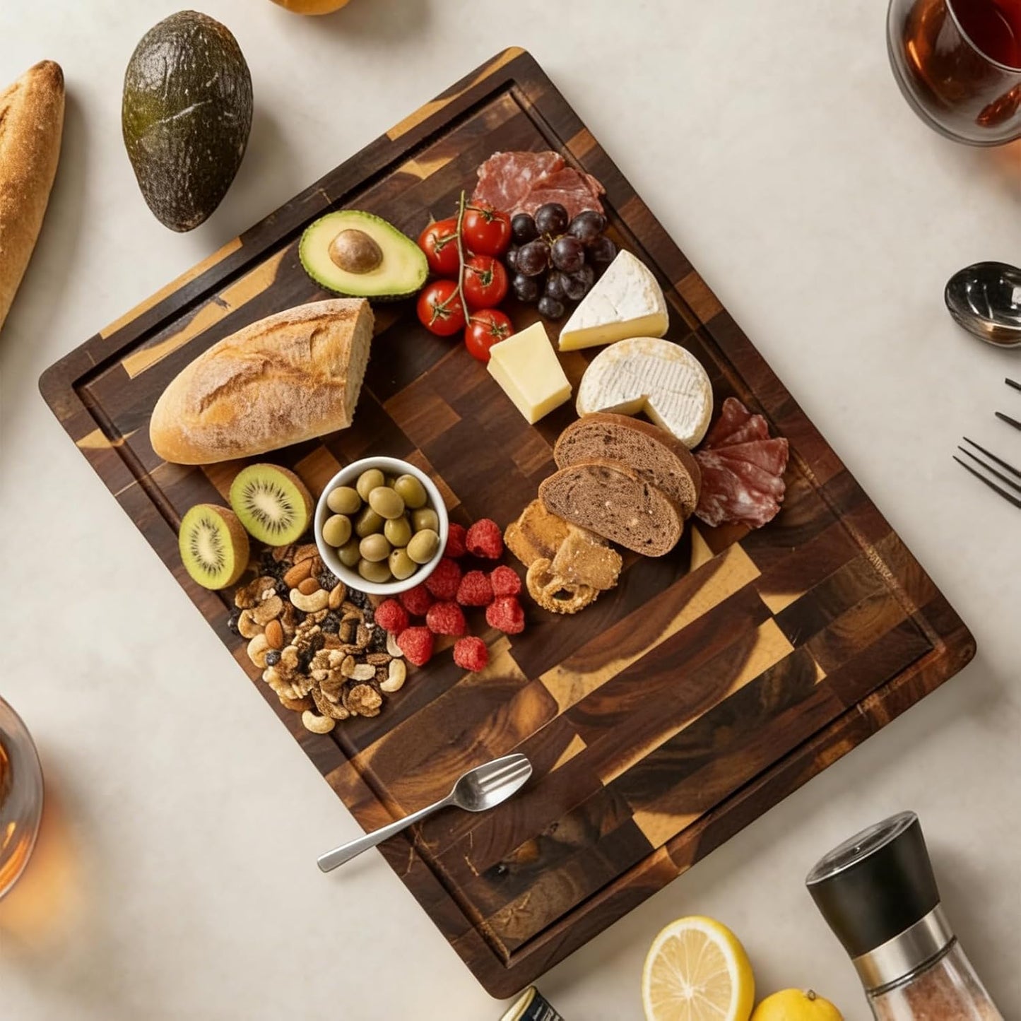 Walnut Wood Cutting Board for Kitchen, End Grain Chopping Board with Juice Groove, Heavy Duty Checkered Board for Cheese and Vegetables, Non-slip Feet, 14" × 11" × 1.5"