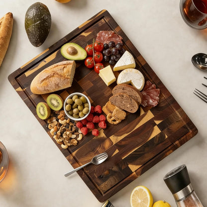 Walnut Wood Cutting Board for Kitchen, End Grain Chopping Board with Juice Groove, Heavy Duty Checkered Board for Cheese and Vegetables, Non-slip Feet, 14" × 11" × 1.5"