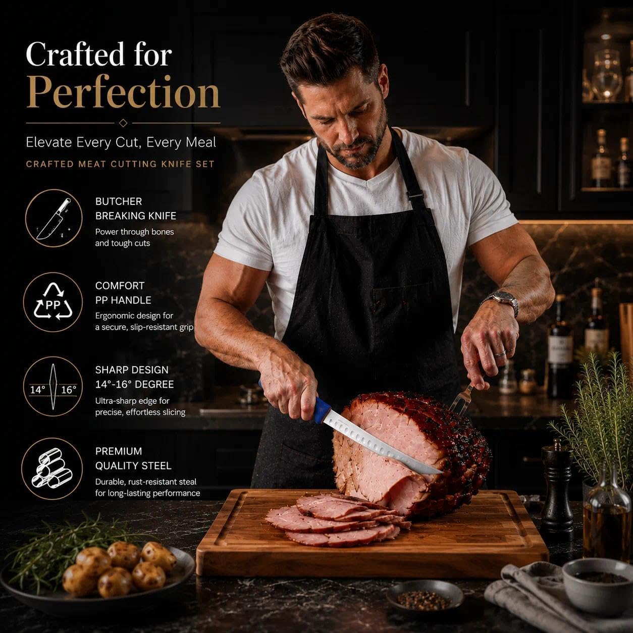 DRAGON RIOT 3 Pcs Butcher Knife Set, Stainless Steel Boning & Carving Knives, Sharp Kitchen Cutlery for Meat Cutting Trimming, Perfect for Home Kitchen, Outdoor Camping BBQ & Holiday Gift