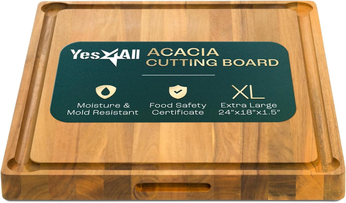 Yes4All Durable Acacia Cutting Boards for Kitchen, [17''Lx13''Wx1.5” Thick] Medium Edge Grain Cutting Board, Pre Oiled Wood Cutting Boards, Thick Chopping Board w/Juice Grooves and Easy Grip Handle
