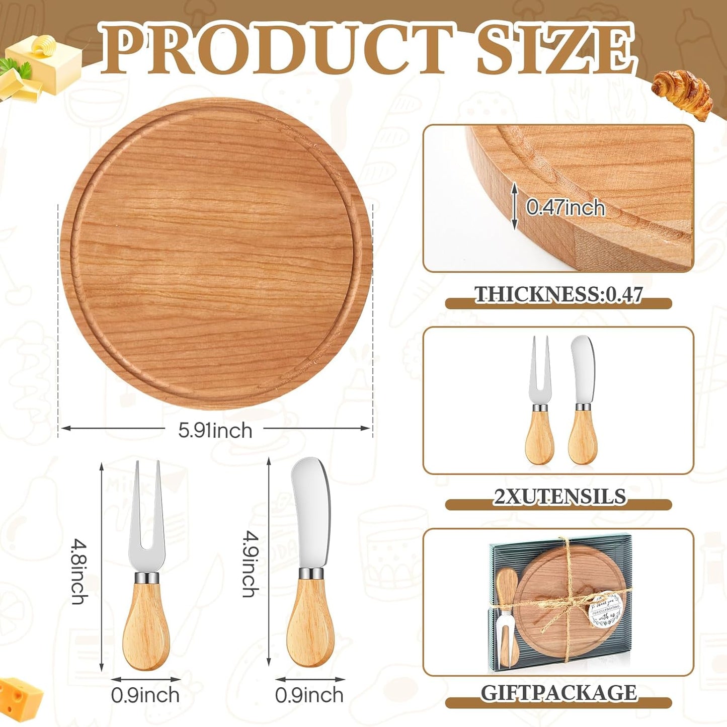Maxcheck 18 Sets Baby Shower Bridal Game Prizes for Winners Round Cheese Board Set Wood Mini Charcuterie Board with Knives and Forks Thank You Card with Gift Box for Guests Wedding (Bamboo)