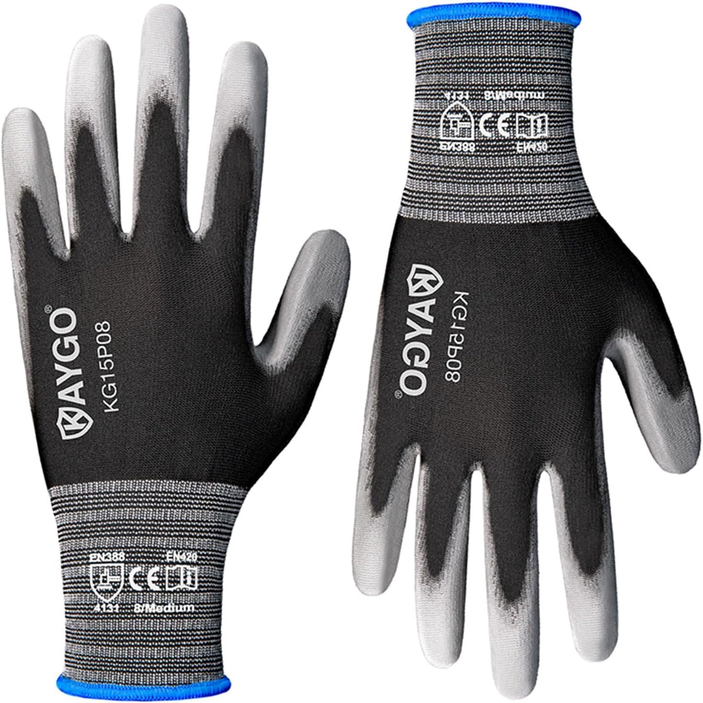 KAYGO Ultra Thin PU Coated Safety Work Gloves, 12 Pairs Nylon Knit, High Dexterity Anti-Slip Breathable Light Duty Gloves for Precision, Warehouse, DIY & Electronics (L,Gray)