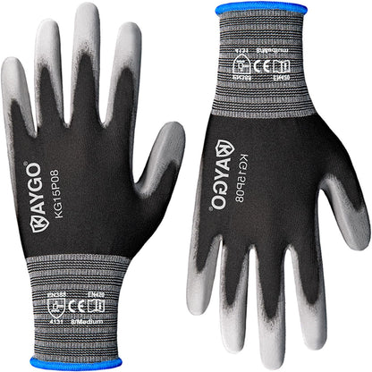 KAYGO Ultra Thin PU Coated Safety Work Gloves, 12 Pairs Nylon Knit, High Dexterity Anti-Slip Breathable Light Duty Gloves for Precision, Warehouse, DIY & Electronics (L,Gray)