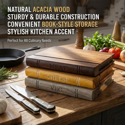 Library Cutting Board Set, Wood Book Cutting Boards with Stand, Decorative Cutting Boards for Kitchen Display, Acacia Wooden Chopping Board Set of 3