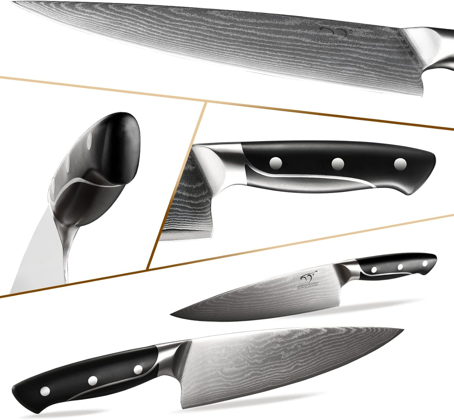18 Pieces Damascus Kitchen Knife Set, 8 Piece Steak Knives, Non-slip ABS Ergonomic Triple Rivet Handle for Meat Fork, Knife Sharpener and Shears, 17 Slots Fraxinus Manchuria Knife Block (Grey)