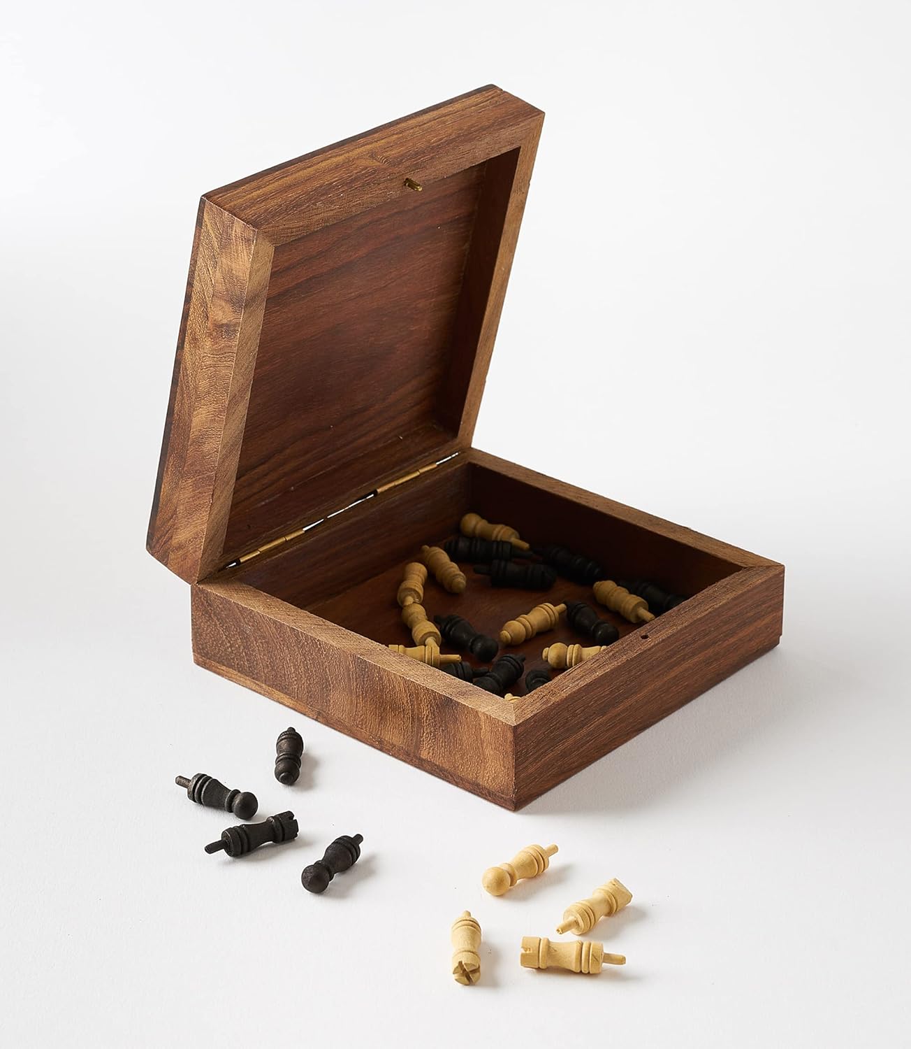 Matr Boomie, Small Mini Portable, Travel-Sized Hand Carved Solid Indian Rosewood, Wooden Peg Chess Board Game Set W/ Openable Storage for Pieces, for Adults