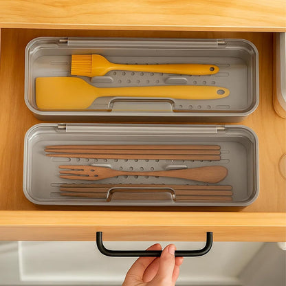 Silverware Organizer with Lid and Drainer - Plastic Kitchen Drawer Organizer for Forks Spoons Knives, Stackable Utensil Storage Container, Space-Saving Cutlery Tray (10.6 x 4.7 x 2.8 inch) (2)