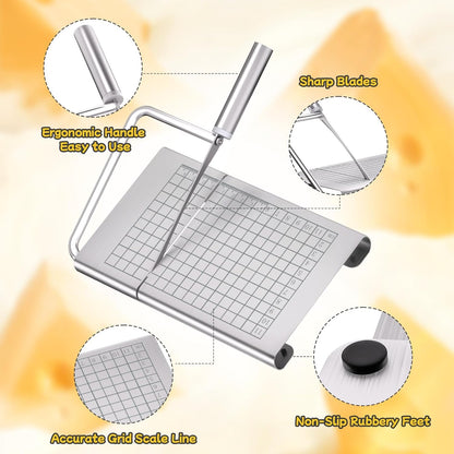 Cheese Slicer, with Measuring Grids Board & 6 Piece Cheese Knives, Stainless Steel Cheese Cutter with Blade, for Block Cheese, Butter and Sausages, Dishwasher Safe