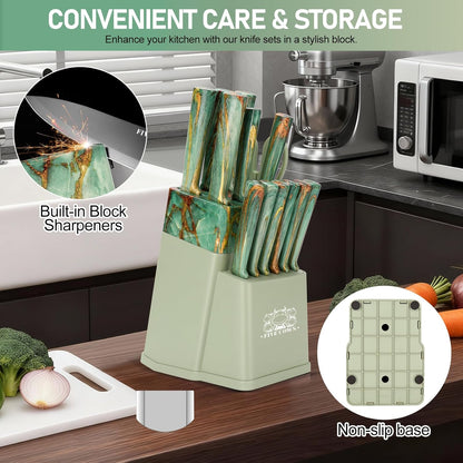 16-Piece Kitchen Knife Block Set with Cutting Board - German Stainless Steel Knives, Built-In Sharpener, Dishwasher Safe, Anti-Slip Handle - All-in-One Cutlery Set for Home/Kitchen (Cyan)
