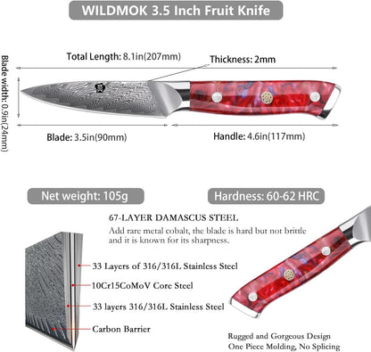 WILDMOK Paring Knife 3.5 Inch, Japanese Damascus Fruit Knife, Small peeling knife Perfect for Cutting Fruit Vegetables Petty Knife
