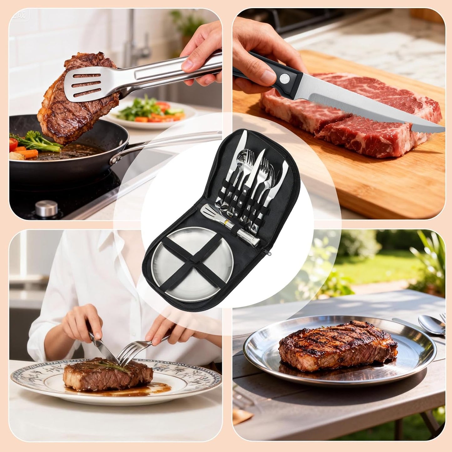 Outdoor Camping and Picnic Tableware Set, Stainless Steel Knives, Forks, Spoons, Plates, Food Tongs, Portable Tableware Set with Storage Bag