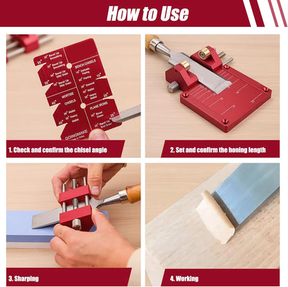 Honing Guide System Chisel Sharpening Kit for Woodworking Chisels and Planes, Chisel Sharpening Jig with Adjustable Angle Fixture and Angle Gauge, Red