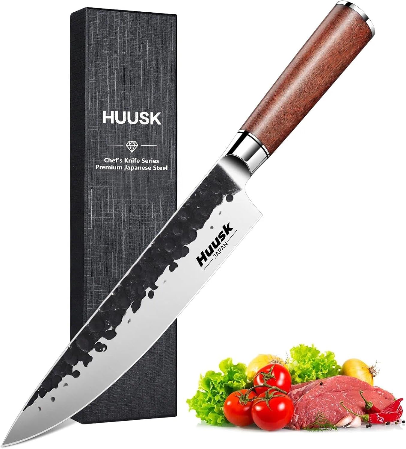 Huusk Butcher Knife Set of 3- Japanese Knife Set for Meat Cutting, Hand Forged Viking Knives Sets with Meat Cleaver, Heavy-Duty Kitchen Knives Sets for Bone BBQ Vegetable, Gift Idea for Men & Women