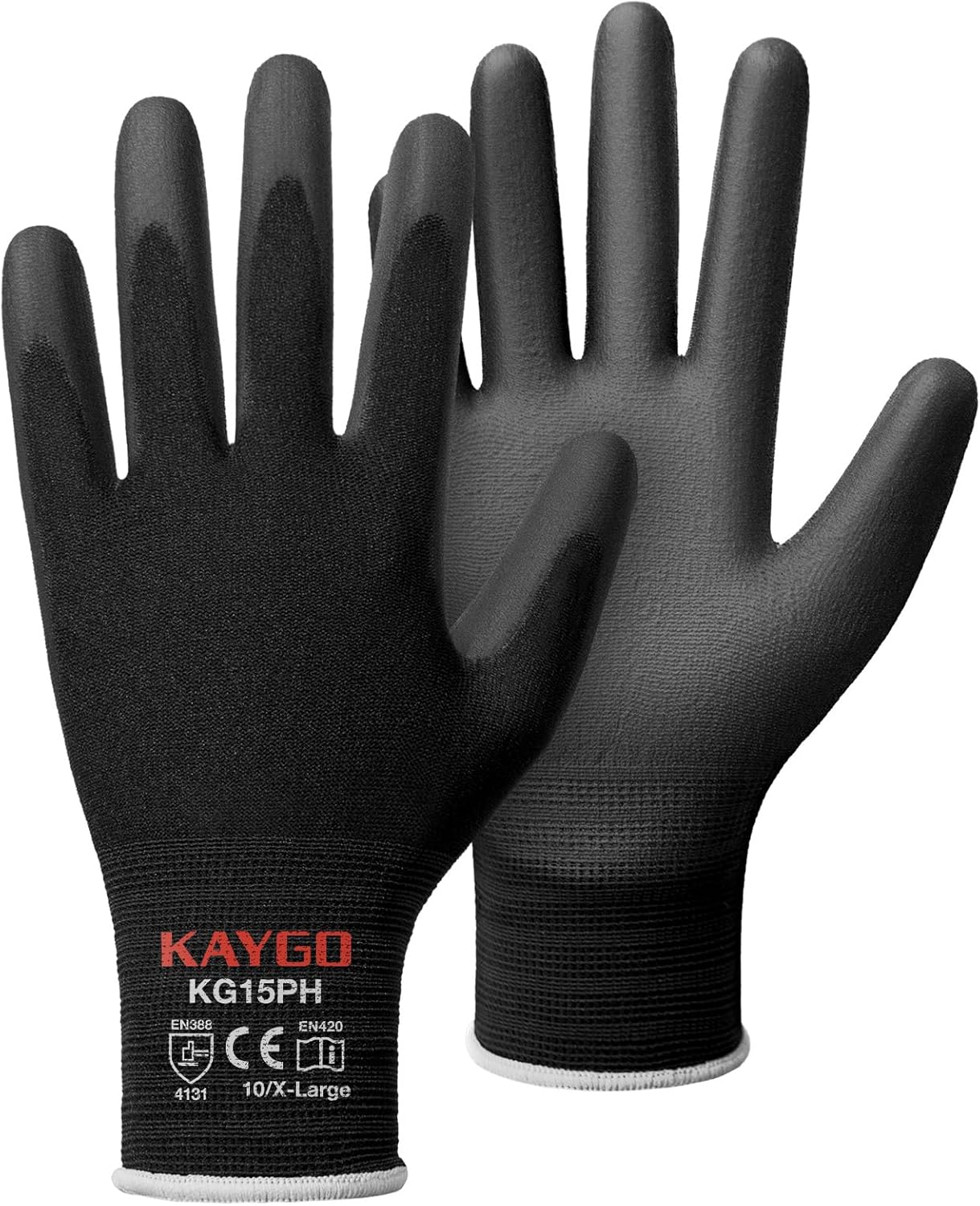KAYGO Ultra Thin PU Coated Safety Work Gloves, 12 Pairs Nylon Knit, High Dexterity Anti-Slip Breathable Light Duty Gloves for Precision, Warehouse, DIY & Electronics (L,Gray)