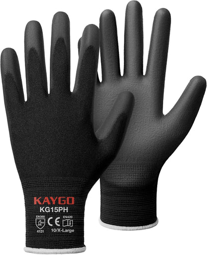 KAYGO Ultra Thin PU Coated Safety Work Gloves, 12 Pairs Nylon Knit, High Dexterity Anti-Slip Breathable Light Duty Gloves for Precision, Warehouse, DIY & Electronics (L,Gray)