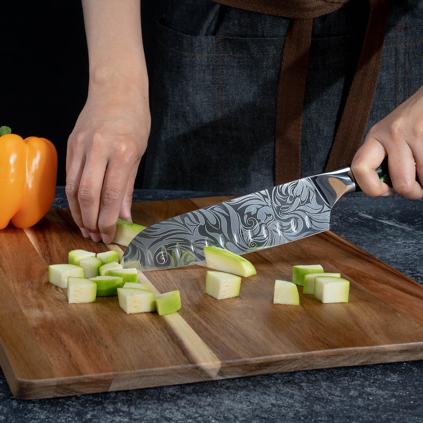 SENKEN 8-piece Engraved Japanese Kitchen Knife Set & Beautiful Green Resin Epoxy Handles - Wasabi Collection - Chef's Knife, Santoku, Cleaver, Paring, & More