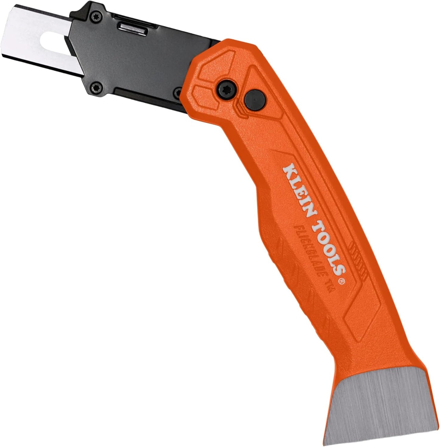 Klein Tools 44306 FLICKBLADE 2-in-1 Folding Utility Knife and Scraper with Built-In Blade Storage, Dual Locking Positions, Includes 3 Triple-Ground Carbon Steel Blades