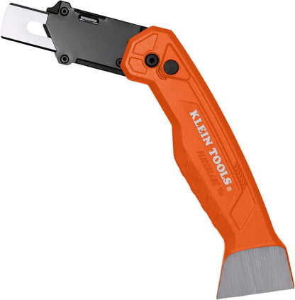 Klein Tools 44306 FLICKBLADE 2-in-1 Folding Utility Knife and Scraper with Built-In Blade Storage, Dual Locking Positions, Includes 3 Triple-Ground Carbon Steel Blades