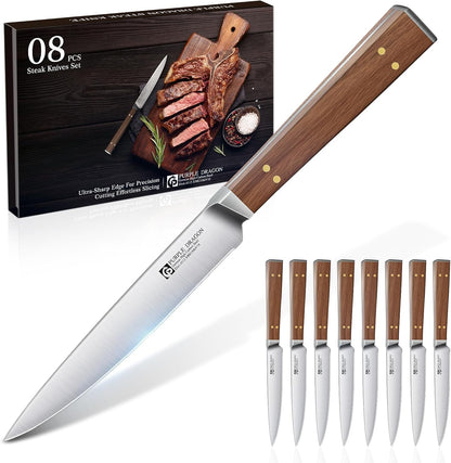 Purple Dragon Serrated Steak Knives Set of 4 - High Carbon German Steel Steak Knife Set with Square Wooden Handle - Effortless Cutting - Christmas Gift for Men and Women