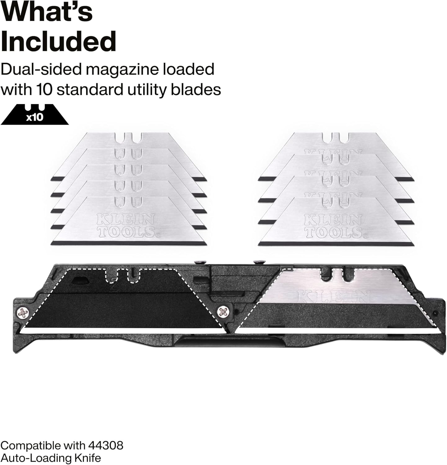 Klein Tools 44308 Auto-Loading Retractable Utility Knife, Utility Box Cutter, Dual-Sided 10 Blade Magazine, Standard and Hook Blades, Professional Work Knife