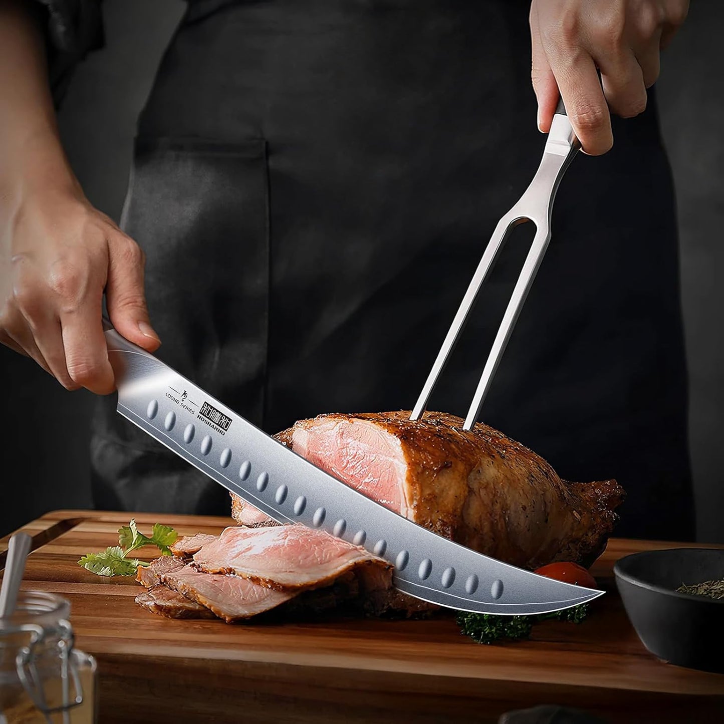 HOSHANHO 8 Inch Carving Knife & 7 Inch Fork Set, Professional Japanese High Carbon Steel Razor Sharp Butcher Brisket Slicing Knife Set for Meat Cutting, BBQ