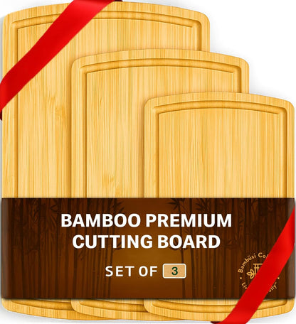Bamboo Cutting Board Set of 4, Large Cutting Boards for Kitchen, Wood Cutting Board with Juice Groove Side Handles, Wooden Cutting Board for Kitchen, Meat Chopping Board Meal Prep, Serving Charcuterie