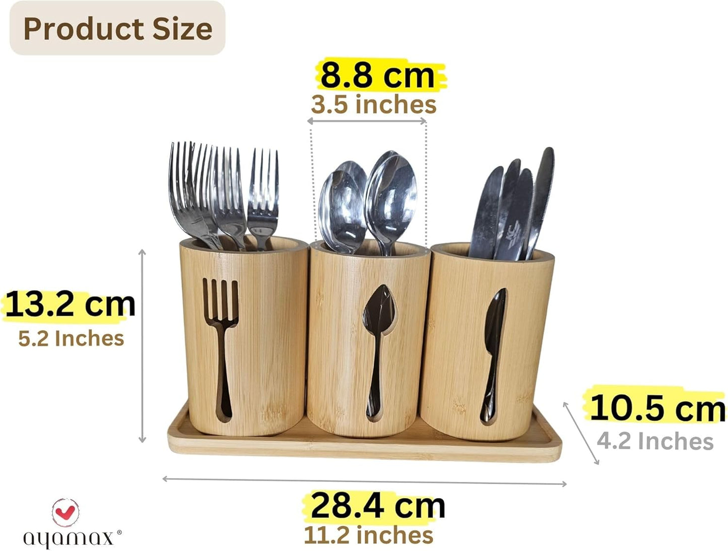 Bamboo Cutlery Holder Set - 3 Kitchen Utensils Holder Organiser with Bamboo Tray | Decorative Kitchen Countertop Stand | Knife, Fork and Spoon Holders