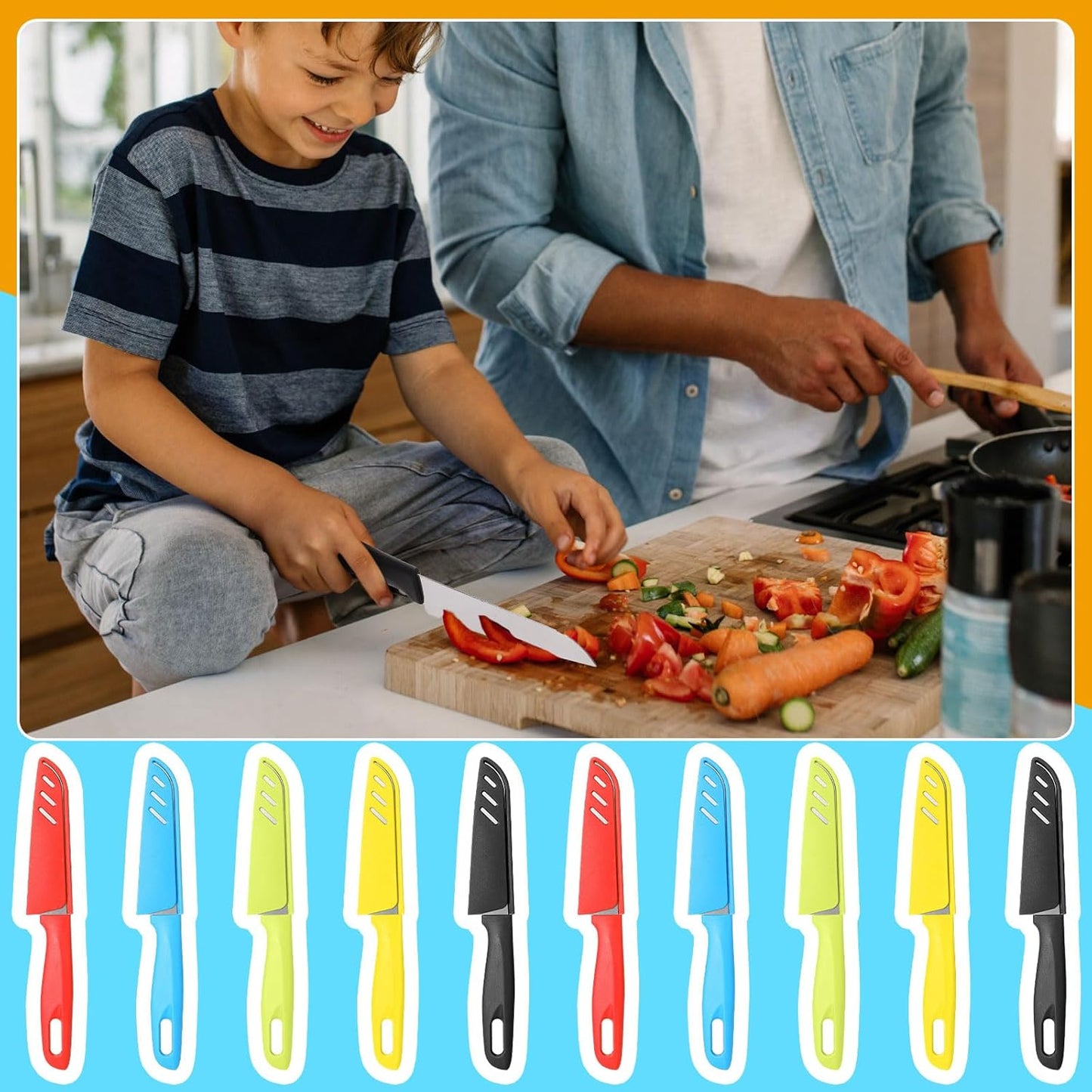 Lothee 50 Pcs Paring Knife Bulk, 5 Colors Fruit Vegetable Stainless Steel Kitchen Ultra Sharp Knife with Plastic Handle for Chef Cutting Peeling Cooking, 3.94 Inches Blades