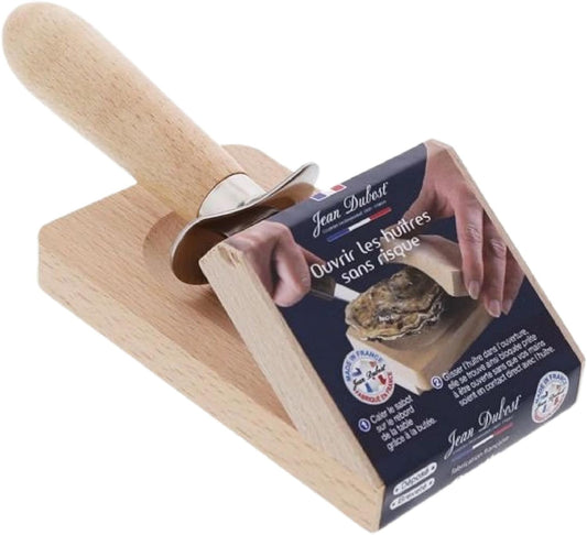 Jean Dubost Oyster Opener, Olive Wood Handle - Rust-Resistant Stainless Steel - Includes Wooden Block - Made in France