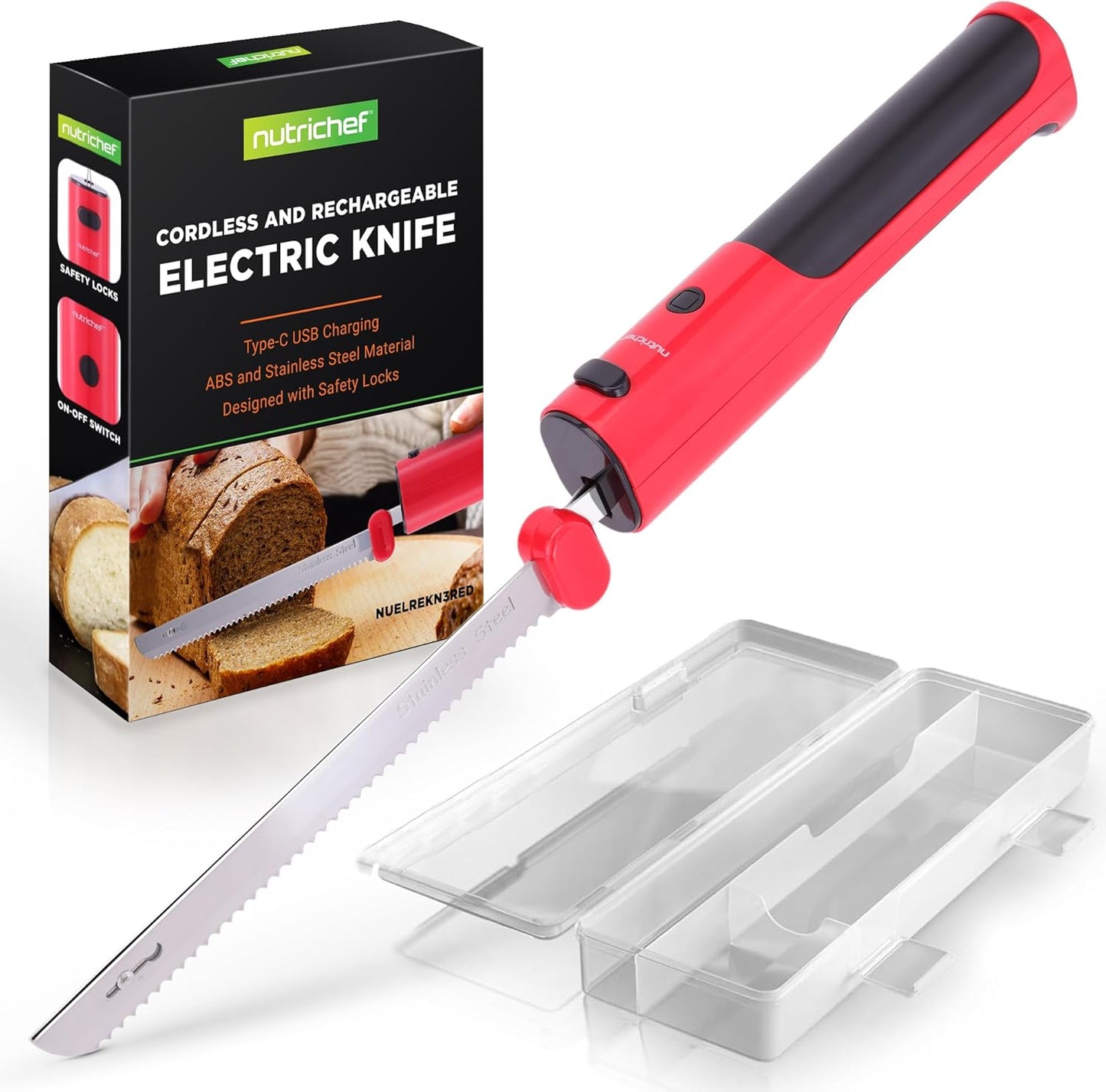 NutriChef Cordless Electric Knife | Easy to Use Constant ON/OFF Safety Function | Lightweight Kitchen Knife | Carve Turkey, Meats, Poultry, Bread & Cheese | 11.42’’ Stainless Steel Blades | Black