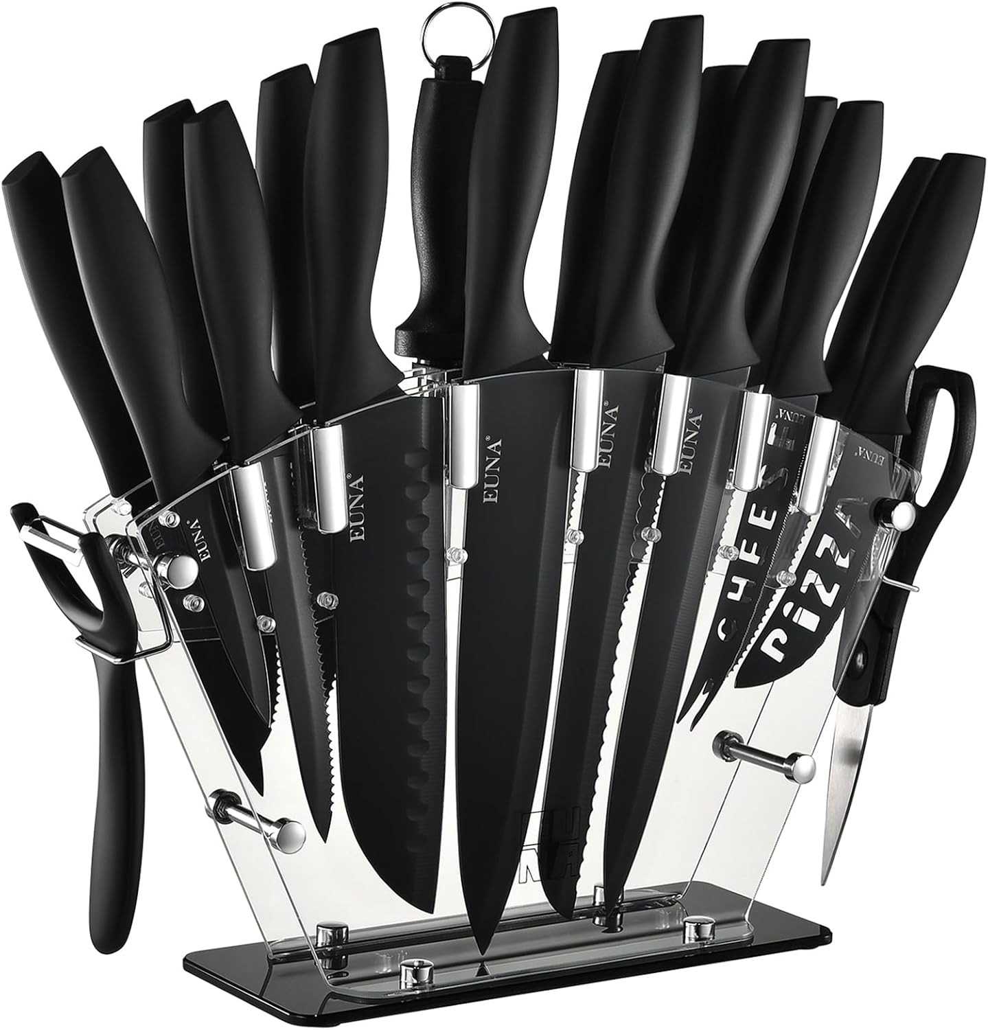 EUNA Knife Block Set, 19 PCS Kitchen Knife Set with Acrylic Block and Sharpener, German High-Carbon Stainless Steel Knife Sets with 6 Serrated Steak Knives, Bread Knife, Chef Knife, Dishwasher Safe