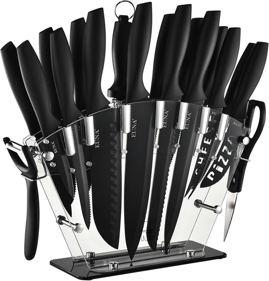 EUNA Knife Block Set, 19 PCS Kitchen Knife Set with Acrylic Block and Sharpener, German High-Carbon Stainless Steel Knife Sets with 6 Serrated Steak Knives, Bread Knife, Chef Knife, Dishwasher Safe