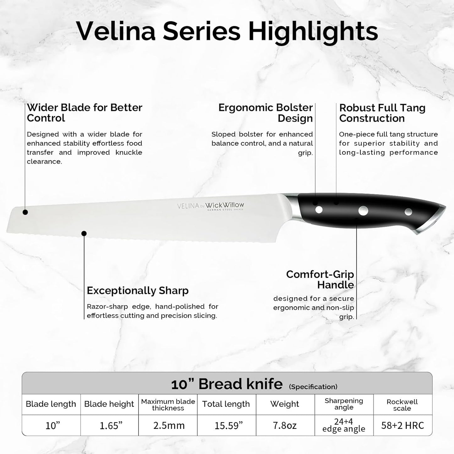 WICKWILLOW 10" Bread Knife – Razor Sharp German Steel – Serrated Knife for Homemade Bread & Sourdough – Full Tang & Ergonomic Handle – Gift Box – Velina Series