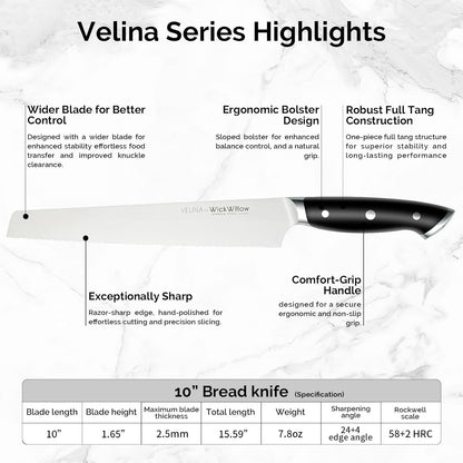 WICKWILLOW 10" Bread Knife – Razor Sharp German Steel – Serrated Knife for Homemade Bread & Sourdough – Full Tang & Ergonomic Handle – Gift Box – Velina Series