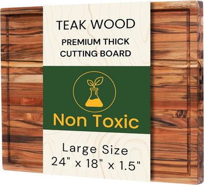 Teak Wood Cutting Board 18" x 14" x 0.6", 2-Piece Set for Kitchen Meat & Food Prep - Large Thin Edge Grain, Deep Juice Groove, Lightweight Solid Hardwood, Non-Toxic, BPA Free by New M Way