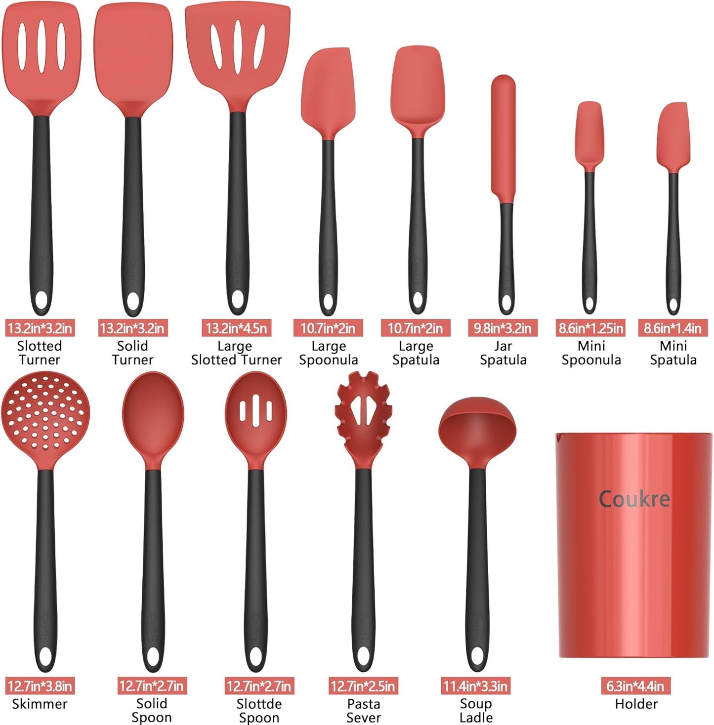 Coukre Silicone Kitchen Cooking Utensils Set with Holder – Heat-Resistant, Food-Grade Kitchen Tools, Spatula, Spoon & Gadgets for Non-Stick Pans, Dishwasher Safe (14, PureBlack)