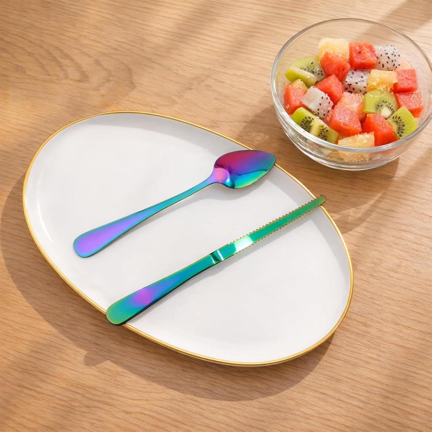 6PCS Grapefruit Spoons and Grapefruit Knife Set with Serrated Edge Stainless Steel Citrus Utensils for Orange Lemon Kiwi Fruit Salad Melon Pitaya Apple Puree Rainbow