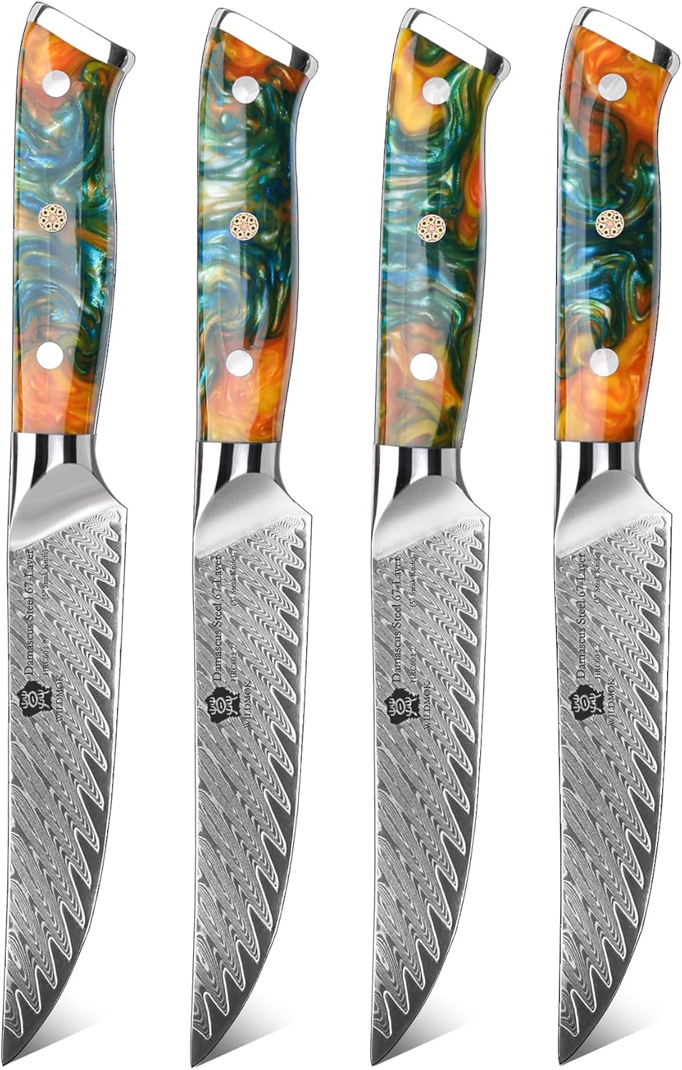 WILDMOK Steak Knife Set 4pc Full Tang 5 inch Forged Damascus Steel Dinner Knives Full Tang Ergonomic Beautiful Resin Handle