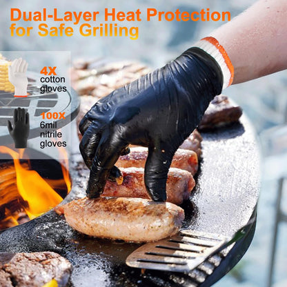 ANBOSON BBQ Gloves Disposable-Heat Resistant Cooking & Grilling Gloves Set (100 Black Nitrile, 4 Cotton Liners)-10Mil Heavy Duty Meat Handling Smoker Accessories for Hot Food Prep,Non-Slip Grip,Large