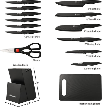 Kitchen Knife Set,14-Piece Knife Set With Block Wooden, Self Sharpening For Chef Knife Set, High Carbon German Stainless Steel Hammered Collection Knife Block Set, Dishwasher Safe Cutlery, Cream