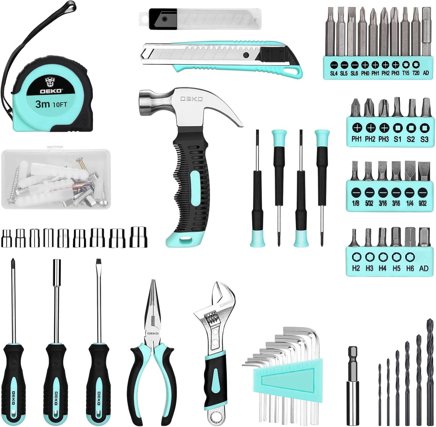Tool Kit: 8V Cordless Drill, Home Toolbox with storage case, Hand Tool set for Home Repairs 126 Piece, Green