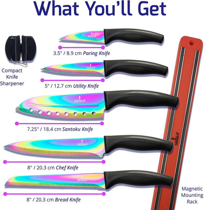 SiliSlick Kitchen Knife Set Kit, 5 Dishwasher Safe Colorful Knives, Knife Sharpener & Magnetic Wall Bar, Titanium Non Stick Plating Stainless Steel