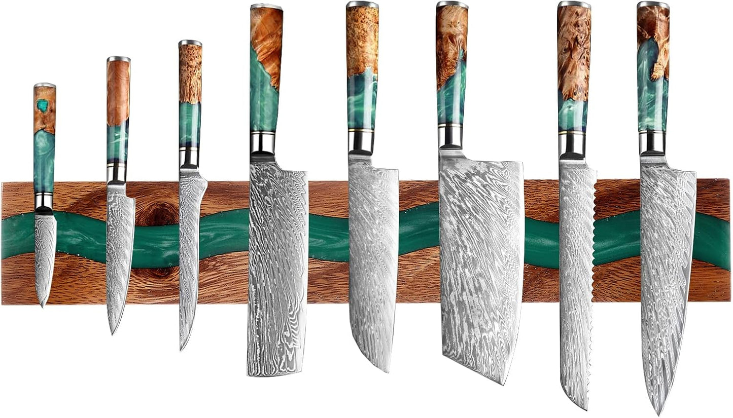 Magnetic Knife Holder, 15.7 Inch Walnut Wood and Resin Magnetic Knife Bar for Wall, Heavy Duty Magnet Holds 8 Knives, Handcrafted Ocean Blue (Ocean's Embrace)