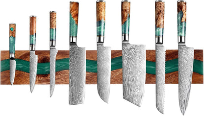 Magnetic Knife Holder, 15.7 Inch Walnut Wood and Resin Magnetic Knife Bar for Wall, Heavy Duty Magnet Holds 8 Knives, Handcrafted Ocean Blue (Ocean's Embrace)