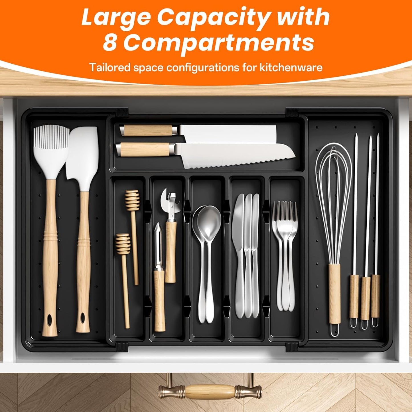 RoomHacks Large Silverware Organizer,Expandable Utensil Drawer Organizer,BPA Free Utensil Holder,Adjustable Silverware Tray Cutlery Drawer Organizer for Kitchen Flatware,Large,Black (6-8 Slots)