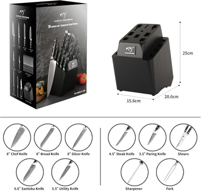 18 Pieces Damascus Kitchen Knife Set, 8 Piece Steak Knives, Non-slip ABS Ergonomic Triple Rivet Handle for Meat Fork, Knife Sharpener and Shears, 17 Slots Fraxinus Manchuria Knife Block (Grey)